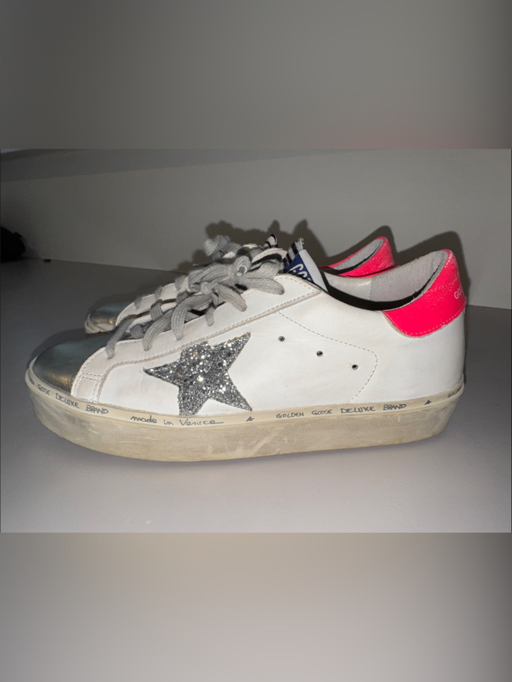 Golden Goose White Sneakers with Silver Glitter Star and Hot Pink Heel